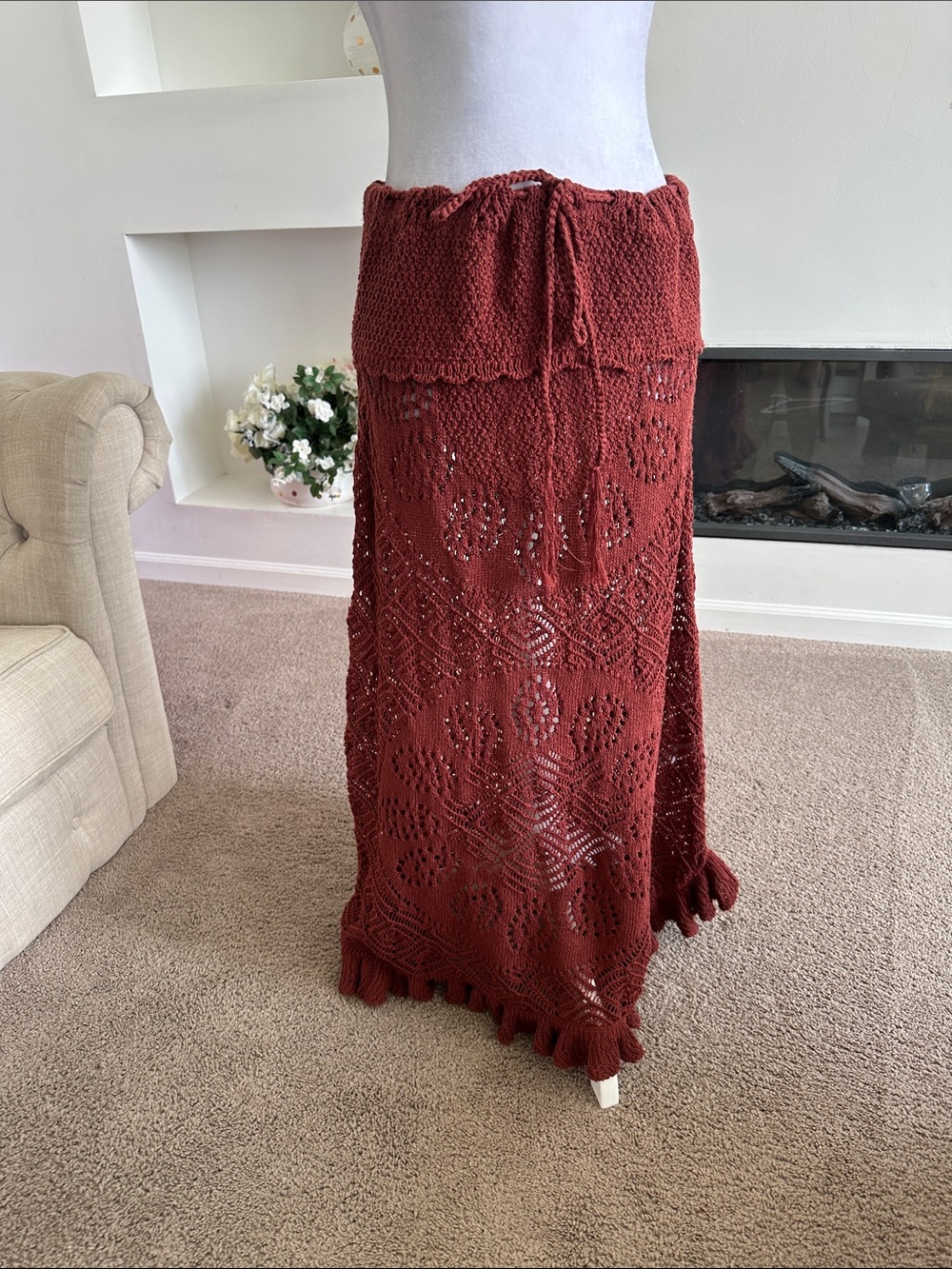 Fp beach Hand-Knit Crochet Maxi Skirt in Rust